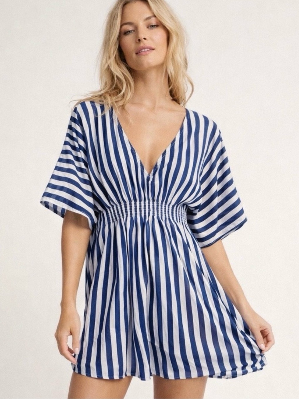 Onia Alessandra Caftan Blue
White Striped Beach Cover Up
Dress Smocked Waist
